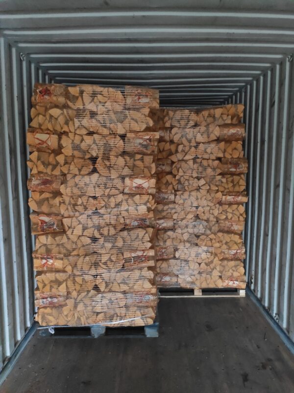 Firewood in mesh and polyethylene bags or cardboard boxes. Alder and Birch wood types.